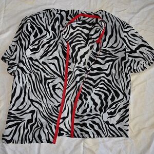 Sheri Martin Open Front Zebra Print Blouse – Size 10P – Red Accent – Shoulder Pa